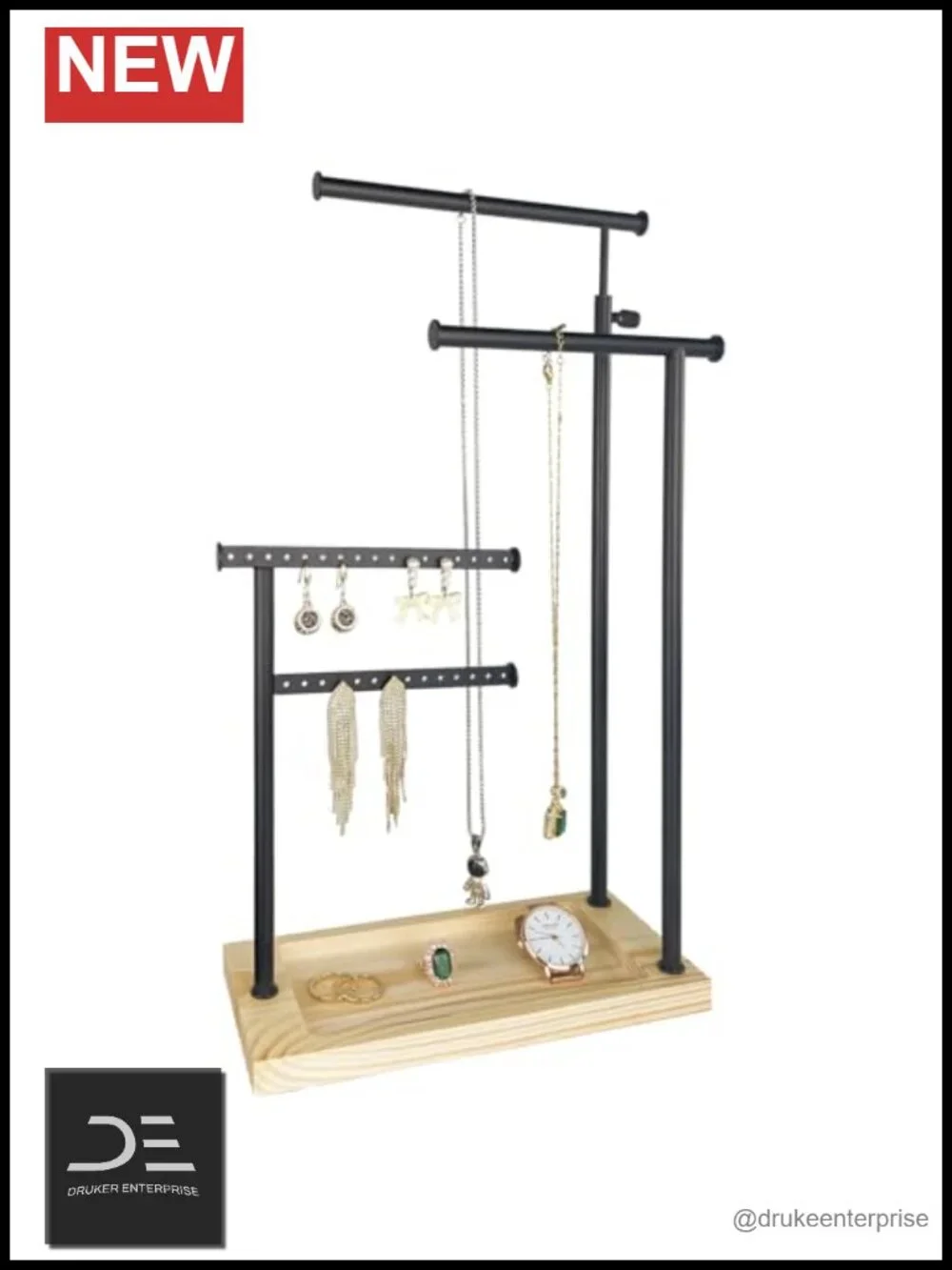 4-Tier Adjustable Jewelry Stand Necklace Earring Holder Iron Wood